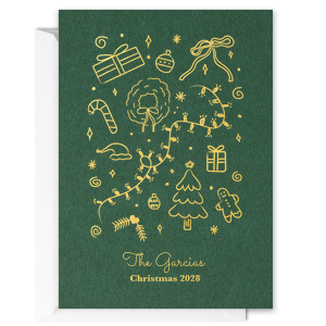 Christmas Illustrations Invitation is a deep evergreen card sprinkled with whimsical gold line‑art icons—gifts, wreath, lights, tree, gingerbread—with your family name and date in elegant script at the bottom. Festive and modern for holiday parties and Christmas open houses.