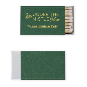 Under the Mistle Glow Matchbook is a deep evergreen matchbook stamped in metallic gold with a mistletoe sprig and custom party line—sleek, festive favors for holiday cocktails, candlelit tables, or stocking stuffers.