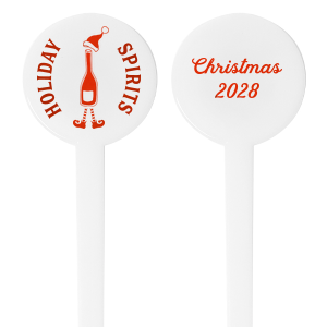 Holiday Spirits Stir Stick is a white round‑top drink stirrer printed in candy‑red with a Santa‑capped bottle and “Holiday Spirits” arc; the back holds your custom message or year. Festive, sturdy, and perfect for cocktail hour, cocoa bars, and holiday carts.