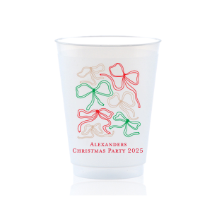 Colorful Bows Christmas Cup is a frosted, shatterproof cup wrapped in playful line‑art bows in red, green, and champagne with your custom text—festive for holiday gatherings from cocoa bars to cocktails.