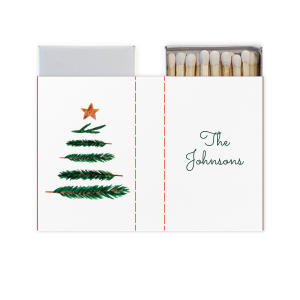 Christmas Tree Matchbox is a clean white sleeve with a watercolor evergreen tree topped by a copper star and your family name in forest‑green script—festive, customizable, and perfect for holiday candles, gift toppers, or stocking stuffers.