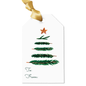 Full Color Christmas Tree Gift Tag is a bright white tag with a watercolor evergreen built from brushy branches, topped by a copper star, plus To/From script and a die-cut top with ribbon hole—cheerful, polished finish for holiday gifts and treat boxes.