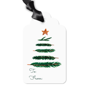 Full Color Christmas Tree Gift Tag is a bright white tag with a watercolor evergreen built from brushy branches, topped by a copper star, plus To/From script and a die-cut top with ribbon hole—cheerful, polished finish for holiday gifts and treat boxes.