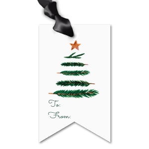 Full Color Christmas Tree Gift Tag is a bright white tag with a watercolor evergreen built from brushy branches, topped by a copper star, plus To/From script and a die-cut top with ribbon hole—cheerful, polished finish for holiday gifts and treat boxes.