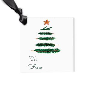 Full Color Christmas Tree Gift Tag is a bright white tag with a watercolor evergreen built from brushy branches, topped by a copper star, plus To/From script and a die-cut top with ribbon hole—cheerful, polished finish for holiday gifts and treat boxes.