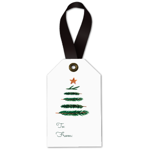 Full Color Christmas Tree Gift Tag is a bright white tag with a watercolor evergreen built from brushy branches, topped by a copper star, plus To/From script and a die-cut top with ribbon hole—cheerful, polished finish for holiday gifts and treat boxes.