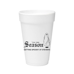 Getting Spooky Cup is a frosted reusable stadium cup printed in inky black with gothic “’Tis the Season,” a cute sheet‑ghost, and a personalized tagline—perfect for Halloween parties, boos & brews, and trick‑or‑treat stations.