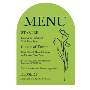 Our beautiful custom Poptone Kiwi Menu (5 x 7) (Foil) with Matte Navy Foil has a Stem Cosmos Flower graphic and is good for use in Floral themed parties and couldn't be more perfect. It's time to show off your impeccable taste.