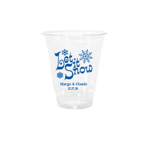 Insulated paper to-go cup dressed in retro Let It Snow art and flurries, personalized beneath with names and date. Double-wall keeps cider and cocoa piping; snug lid travels clean. Hand out at winter weddings, tree lightings, and morning-after brunches.