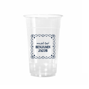 Mazel Tov to momentous occasions with the Star of David Frame Cup! The stylish design features a scalloped frame around Stars of David and customizable text printed on your choice of cup style. Perfect for toasting with loved ones and new friends.