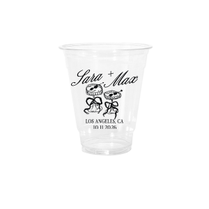 The Wedding Glass & Bow Cup is the must have trendy design for your one of a kind lifetime event. Featuring hand-drawn bows tied around champagne glasses alongside customizable text in the screen printed ink color of your choice to best pair with your party's vibe.