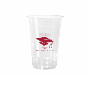 Toast to academic achievements with the Graduation Cap Congrats Cup, where 'Congrats' crowns the iconic tasseled cap. Below, the graduate's name, school, class, and year mark this significant rite of passage, making each sip a tribute to their hard work and success.