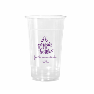 The Poppin’ Bottles Cup features lively script lettering paired with a playful baby bottle illustration and celebratory “cheers” detailing, along with space for the mother’s name. Bring a fun, festive touch to your drinkware with a design that captures joyful anticipation. Wonderful for baby showers, gender reveals, or welcoming celebrations.