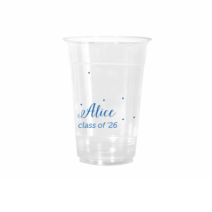 Bubbly Bliss. Add a touch of whimsy to your celebration with the Sweet Polka Dot Celebration Cup. Featuring a delightful smattering of polka dots that evoke confetti or bubbles, this design energizes any event. The sweet dots provide a charming backdrop for the celebrant’s name in elegant script and the event details below.

