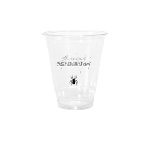The Spider Halloween Cup features outlined dot accents and a creepy crawly spider dangling from a web alongside a personalized event name that sets the eerie tone before the first sip. Grab a set and let the haunting begin. Great for Halloween parties and spooky seasonal gatherings.