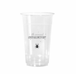 The Spider Halloween Cup features outlined dot accents and a creepy crawly spider dangling from a web alongside a personalized event name that sets the eerie tone before the first sip. Grab a set and let the haunting begin. Great for Halloween parties and spooky seasonal gatherings.