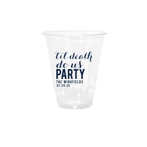 Celebrate everlasting love with a twist using the Til Death Do Us Party Cup. This playful design reimagines traditional vows, highlighting "til death do us PARTY" in bold letters, with the word 'PARTY' standing out. Below, the couple's last name and event date underscore this joyous, lifelong commitment to fun and celebration.