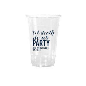 Celebrate everlasting love with a twist using the Til Death Do Us Party Cup. This playful design reimagines traditional vows, highlighting "til death do us PARTY" in bold letters, with the word 'PARTY' standing out. Below, the couple's last name and event date underscore this joyous, lifelong commitment to fun and celebration.