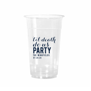 Celebrate everlasting love with a twist using the Til Death Do Us Party Cup. This playful design reimagines traditional vows, highlighting "til death do us PARTY" in bold letters, with the word 'PARTY' standing out. Below, the couple's last name and event date underscore this joyous, lifelong commitment to fun and celebration.