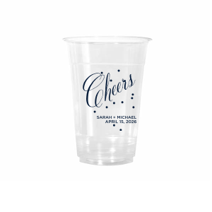 Toast in style with the Cheers Bubble Cup, brimming with effervescence. The word "Cheers" is beautifully rendered in swirling script, surrounded by lively bubble dots, capturing a sense of bubbly joy. Below, the couple's names and event date in block font add a personalized touch to this vibrant celebratory design.