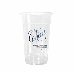 Toast in style with the Cheers Bubble Cup, brimming with effervescence. The word "Cheers" is beautifully rendered in swirling script, surrounded by lively bubble dots, capturing a sense of bubbly joy. Below, the couple's names and event date in block font add a personalized touch to this vibrant celebratory design.