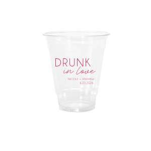 This Minimal Drunk In Love Cup features the playful phrase “drunk in love” in a clean, modern layout with the couple’s name and event date below! Grab a set to elevate your drink station with flirty, fun energy. Perfect for weddings and engagement parties.
