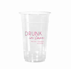 This Minimal Drunk In Love Cup features the playful phrase “drunk in love” in a clean, modern layout with the couple’s name and event date below! Grab a set to elevate your drink station with flirty, fun energy. Perfect for weddings and engagement parties.