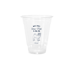 The We Do, I Do Too Cup features the phrase “We Do!” and “I Do Too!” along with the couple’s special name and date in playful script, accompanied by a hand-drawn dog illustration. Choose this cup to add personality guests will remember and reuse. Spot-on for wedding celebrations!