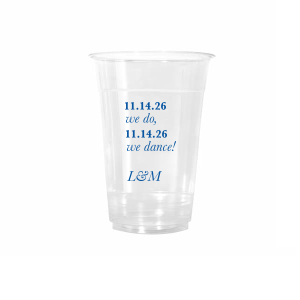 The We Do, We Dance Cup features elegant script lettering with a scripted ampersand, complemented by personalized initials and a clean space for a date. Elevate your drinkware with a design that blends romance and celebration in a modern way. Excellent for weddings, receptions, or lively engagement parties.
