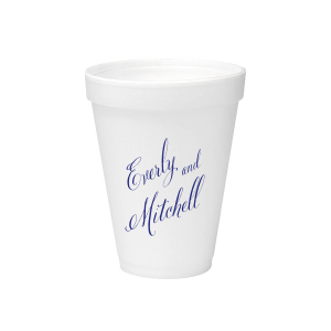 The Fancy Names Cup features elegant, flowing script lettering for a timeless look. Order a set to serve drinks stylishly and give guests a keepsake they will reuse. Refined for wedding receptions or celebratory toasts.