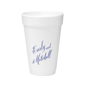 The Fancy Names Cup features elegant, flowing script lettering for a timeless look. Order a set to serve drinks stylishly and give guests a keepsake they will reuse. Refined for wedding receptions or celebratory toasts.