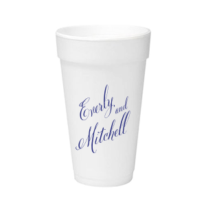 The Fancy Names Cup features elegant, flowing script lettering for a timeless look. Order a set to serve drinks stylishly and give guests a keepsake they will reuse. Refined for wedding receptions or celebratory toasts.