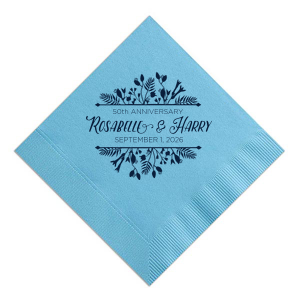 Surround your celebration's highlights with the Floral Frame Anniversary Napkin, where lush foliage bursts into a bold frame. This stunning design lends a flourish to any cherished gathering, beautifully cradling your personalized details.