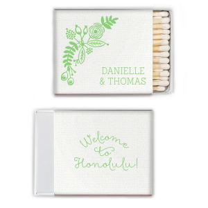 Set the scene for island fun with the Tropical Celebration Match, where vibrant foliage frames the couple's names. Flip for a custom message that whisks guests away to paradise, one striking spark at a time.