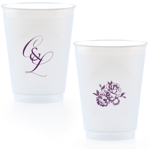 ForYourParty's elegant 9 oz Frost Flex Cup with Matte Eggplant Ink Cup Ink Colors has a Romantic Rose Bunch graphic and is good for use in Floral, Wedding, and Anniversary themed parties and will impress guests like no other. Make this party unforgettable.