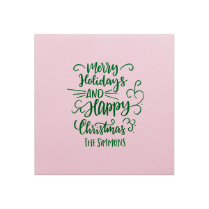 Our personalized Pastel Pink Cocktail Napkin with Shiny Leaf Foil has a Merry Holidays graphic and is good for use in Christmas, Holiday, Words themed parties and are a must-have for your next event—whatever the celebration!