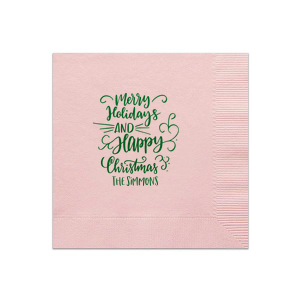 Our personalized Pastel Pink Cocktail Napkin with Shiny Leaf Foil has a Merry Holidays graphic and is good for use in Christmas, Holiday, Words themed parties and are a must-have for your next event—whatever the celebration!