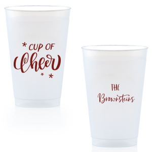 Our custom Matte Merlot Ink 14 oz Frost Flex Cup with Matte Merlot Ink Cup Ink Colors has a Cup of Cheer graphic and is good for use in Drinks, Holiday, Christmas themed parties and can be customized to complement every last detail of your party.
