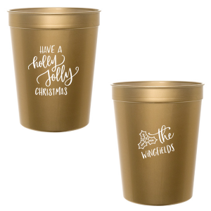 ForYourParty's elegant Gold 16 oz Stadium Cup with Matte White Ink Cup Ink Colors has a Holly Jolly Christmas graphic and a Holly graphic and is good for use in Holiday, Christmas themed parties and couldn't be more perfect. It's time to show off your impeccable taste.