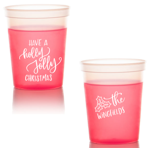 ForYourParty's elegant Gold 16 oz Stadium Cup with Matte White Ink Cup Ink Colors has a Holly Jolly Christmas graphic and a Holly graphic and is good for use in Holiday, Christmas themed parties and couldn't be more perfect. It's time to show off your impeccable taste.