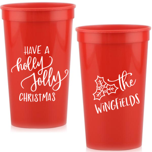 ForYourParty's elegant Gold 16 oz Stadium Cup with Matte White Ink Cup Ink Colors has a Holly Jolly Christmas graphic and a Holly graphic and is good for use in Holiday, Christmas themed parties and couldn't be more perfect. It's time to show off your impeccable taste.