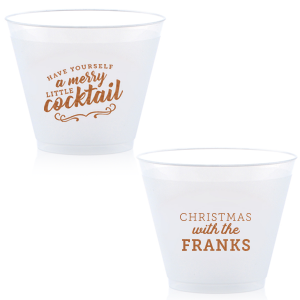 Our custom Copper Ink 9 oz Frost Flex Cup with Copper Ink Cup Ink Colors has a Merry Little Cocktail graphic and is good for use in Words, Drinks, Holiday themed parties and couldn't be more perfect. It's time to show off your impeccable taste.