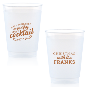 Our custom Copper Ink 9 oz Frost Flex Cup with Copper Ink Cup Ink Colors has a Merry Little Cocktail graphic and is good for use in Words, Drinks, Holiday themed parties and couldn't be more perfect. It's time to show off your impeccable taste.