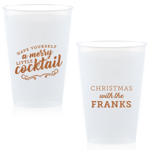Our custom Copper Ink 9 oz Frost Flex Cup with Copper Ink Cup Ink Colors has a Merry Little Cocktail graphic and is good for use in Words, Drinks, Holiday themed parties and couldn't be more perfect. It's time to show off your impeccable taste.