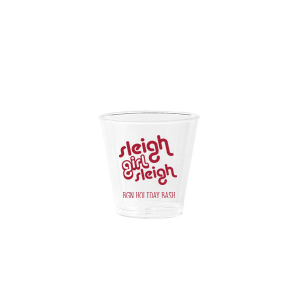 Our beautiful custom  Plastic Shot Glass with Matte Red Berry Ink Cup Ink Colors has a Sleigh Girl Sleigh graphic and is good for use in Christmas and Holiday themed parties and can be personalized to match your party's exact theme and tempo.