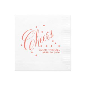 This Cheers Bubble Ink Printed Napkin features flowing celebratory script surrounded by playful confetti-style dots for a joyful, modern look. Add it to your bar or tables to instantly elevate the party atmosphere. Made for wedding receptions and festive toast moments.