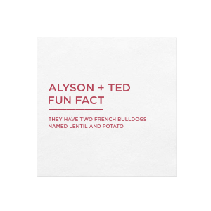 Sparking conversations at every table, the Fun Fact Simple Block Wedding Napkin offers a unique glimpse into the couple's life. Its clean, block typography elegantly presents intriguing tidbits, turning each napkin into an engaging storyteller and adding a personal twist to the celebration.