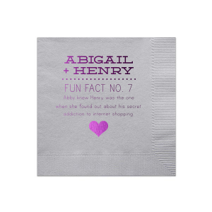 Enhance your event with Fun Facts about the Newlyweds Block Caps Bold Heart Wedding Napkin, a delightful series that reveals engaging trivia about the couple. Each napkin, adorned with their names in all caps block lettering, invites guests into their unique love story, sparking joyous conversations. A bold heart at the bottom serves as a poignant exclamation mark! 
