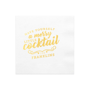 The Merry Little Cocktail Napkin features playful vintage-style lettering reading “have yourself a merry little cocktail” with a family name below for festive charm. Add it to your bar setup to spread cheer and elevate seasonal entertaining. Excellent for holiday parties!