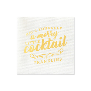 The Merry Little Cocktail Napkin features playful vintage-style lettering reading “have yourself a merry little cocktail” with a family name below for festive charm. Add it to your bar setup to spread cheer and elevate seasonal entertaining. Excellent for holiday parties!